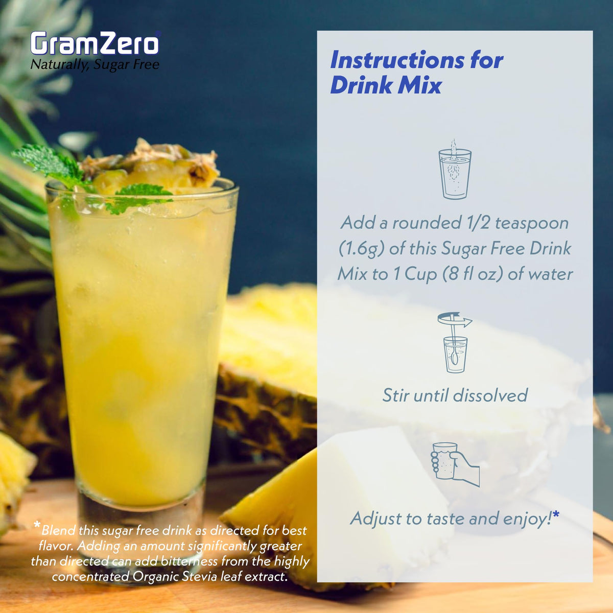GramZero All Natural Pineapple Zero Calorie Drink Mix | Stevia Sweetened