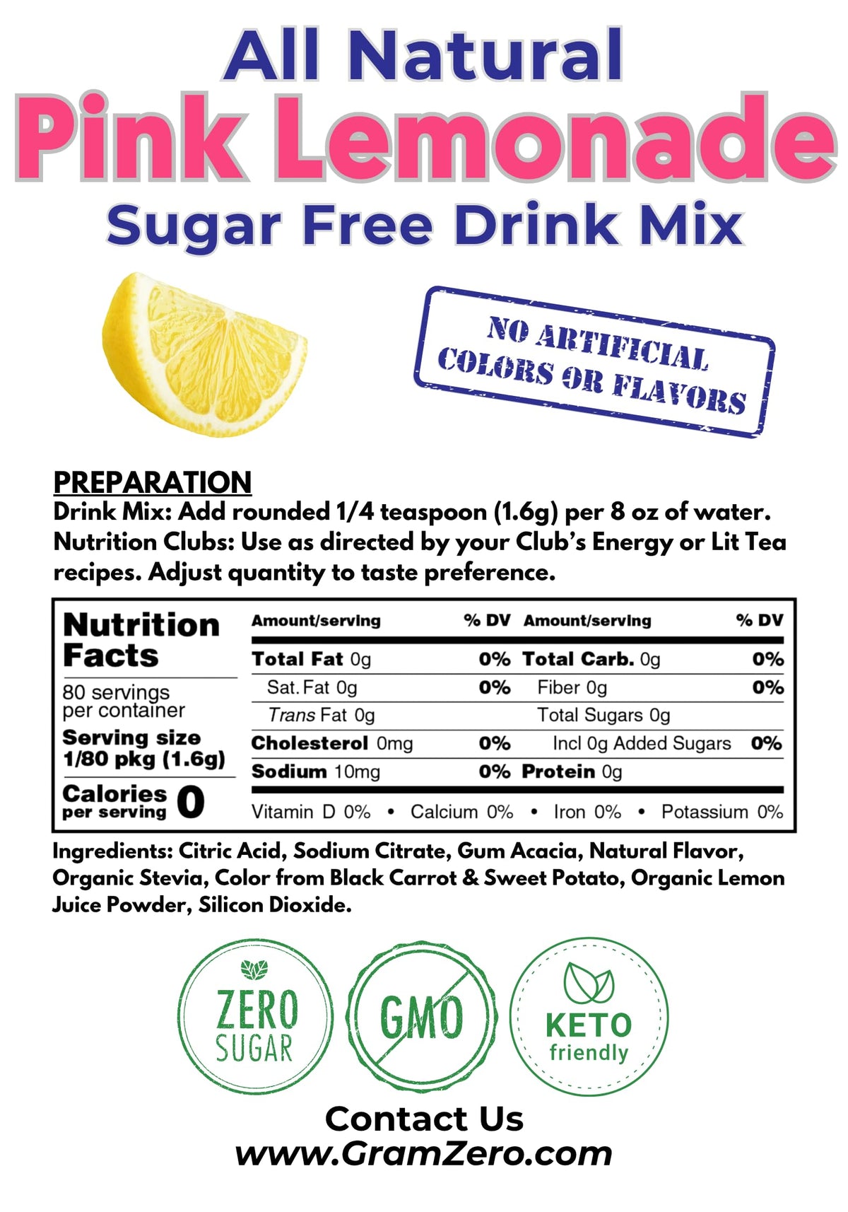 GramZero All Natural Pink Lemonade – Zero Calorie, Sugar Free Drink Mix (Stevia Sweetened)