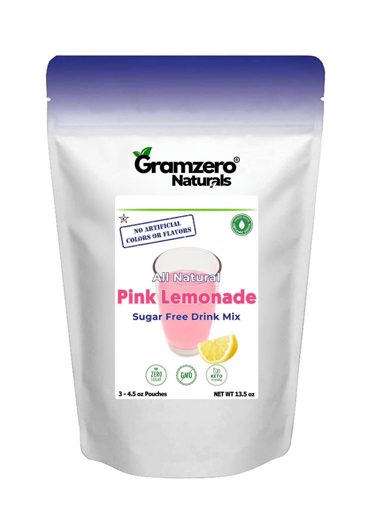 GramZero All Natural Pink Lemonade – Zero Calorie, Sugar Free Drink Mix (Stevia Sweetened)