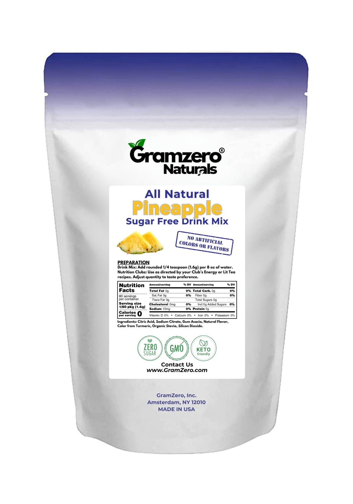 GramZero All Natural Pineapple Zero Calorie Drink Mix | Stevia Sweetened