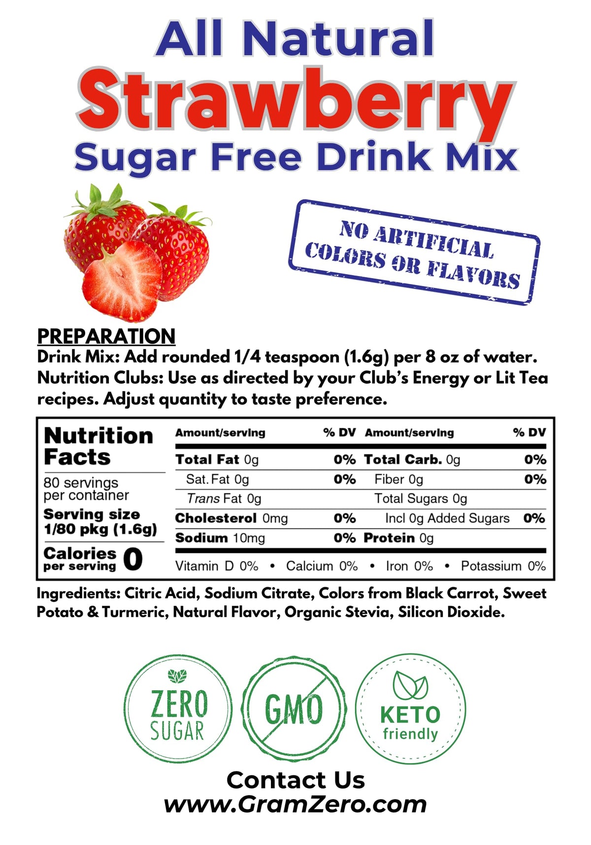 GramZero Strawberry Zero Calorie Drink Mix – Sugar Free, Keto Friendly