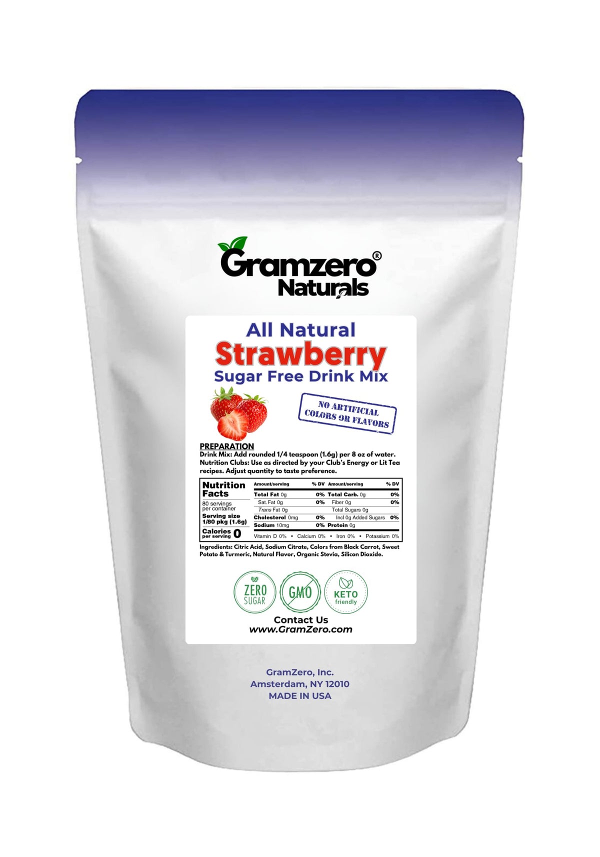 GramZero Strawberry Zero Calorie Drink Mix – Sugar Free, Keto Friendly
