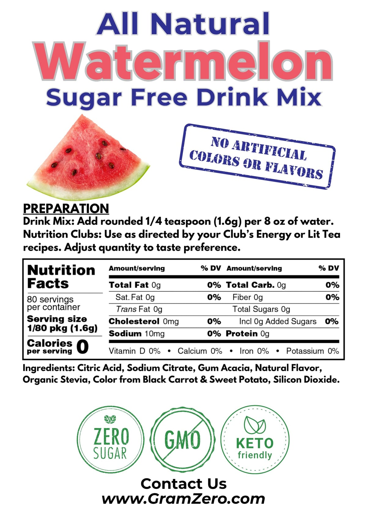 GramZero All Natural Watermelon Drink Mix – Zero Calorie, Sugar Free, Stevia Sweetened