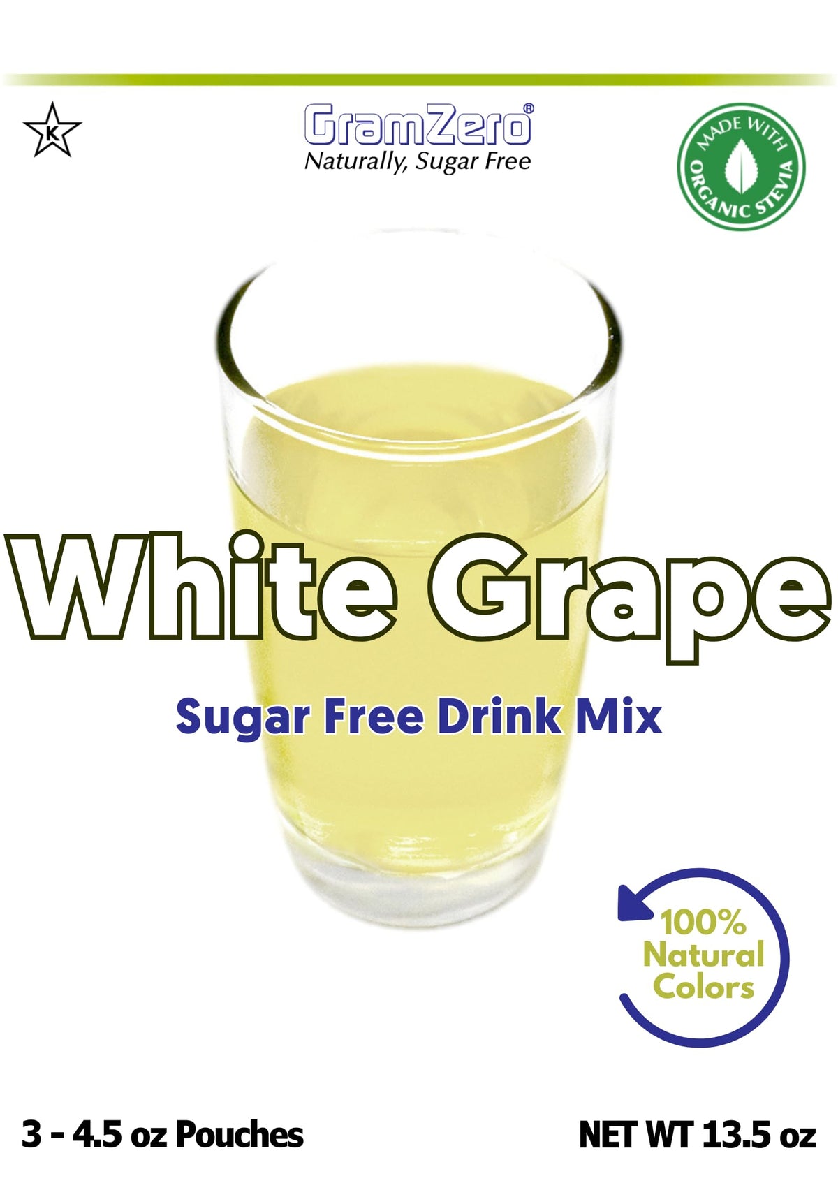 GramZero White Grape Zero Calorie Sugar Free Drink Mix — Stevia Sweetened, Keto Friendly