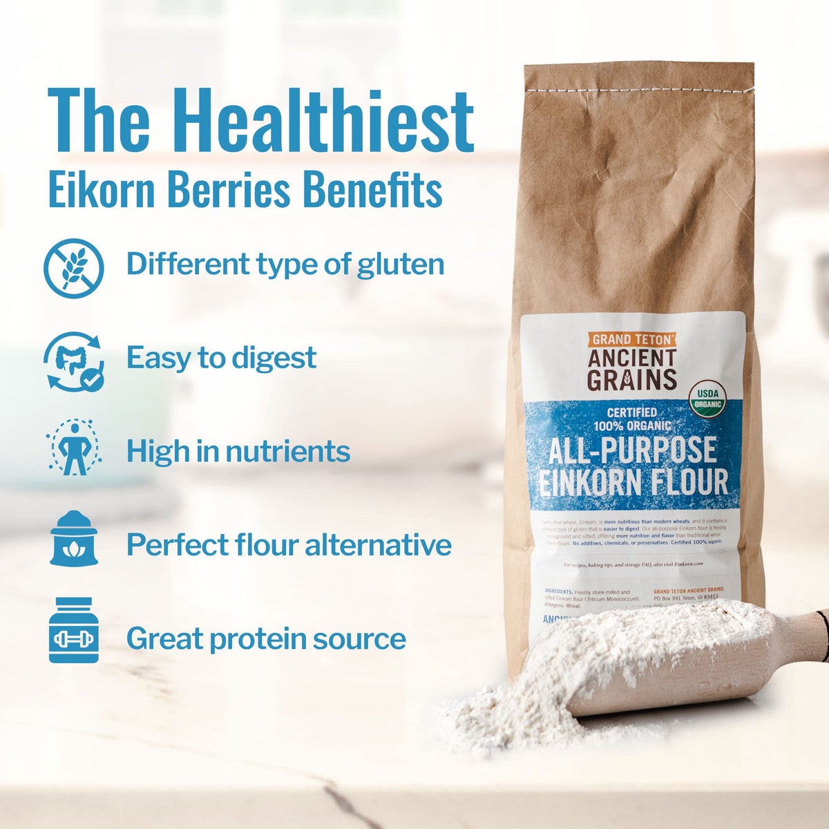 Grand Teton Ancient Grains Einkorn Flour - 100% Organic, Unbleached All-Purpose Flour, 5 lbs
