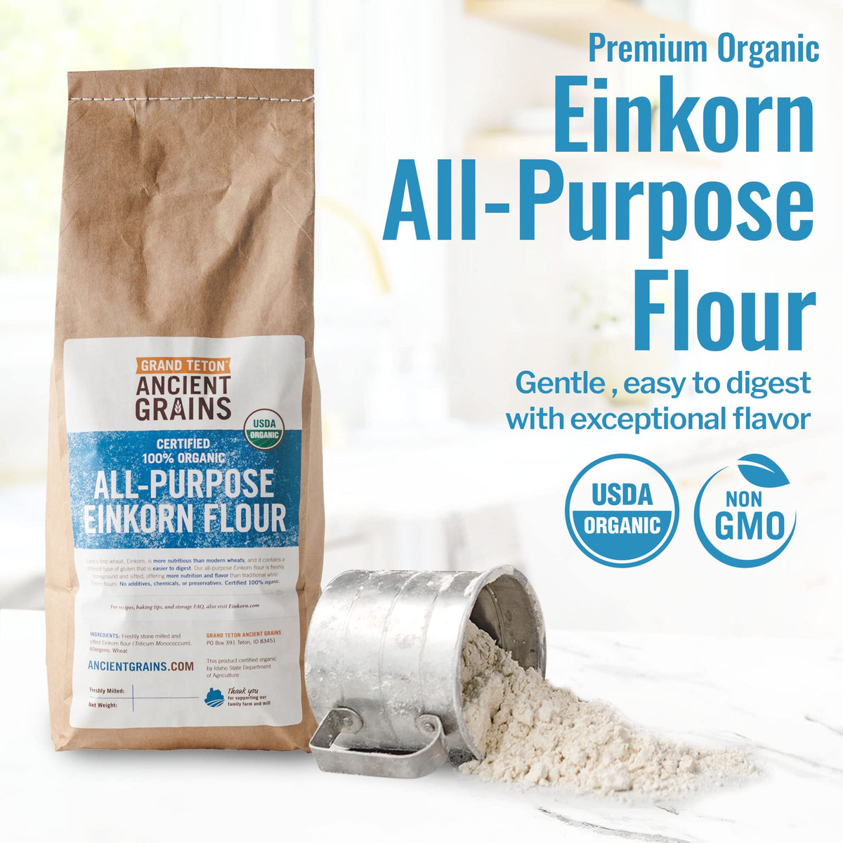 Grand Teton Ancient Grains Einkorn Flour - 100% Organic, Unbleached All-Purpose Flour, 5 lbs