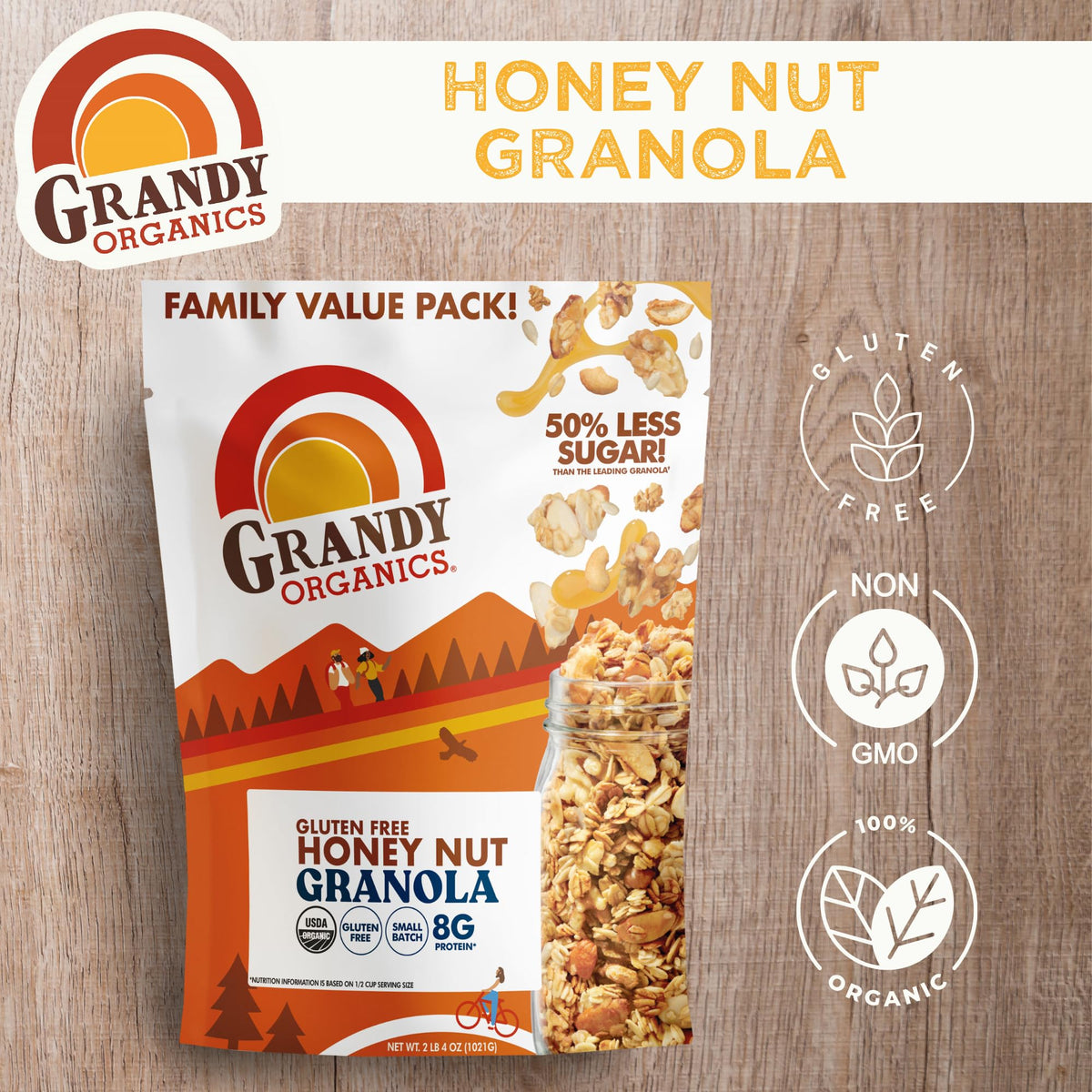 Grandy Organics Honey Nut Gluten Free Granola – Organic, Low Sugar, Non-GMO, 2lb Bulk Pack
