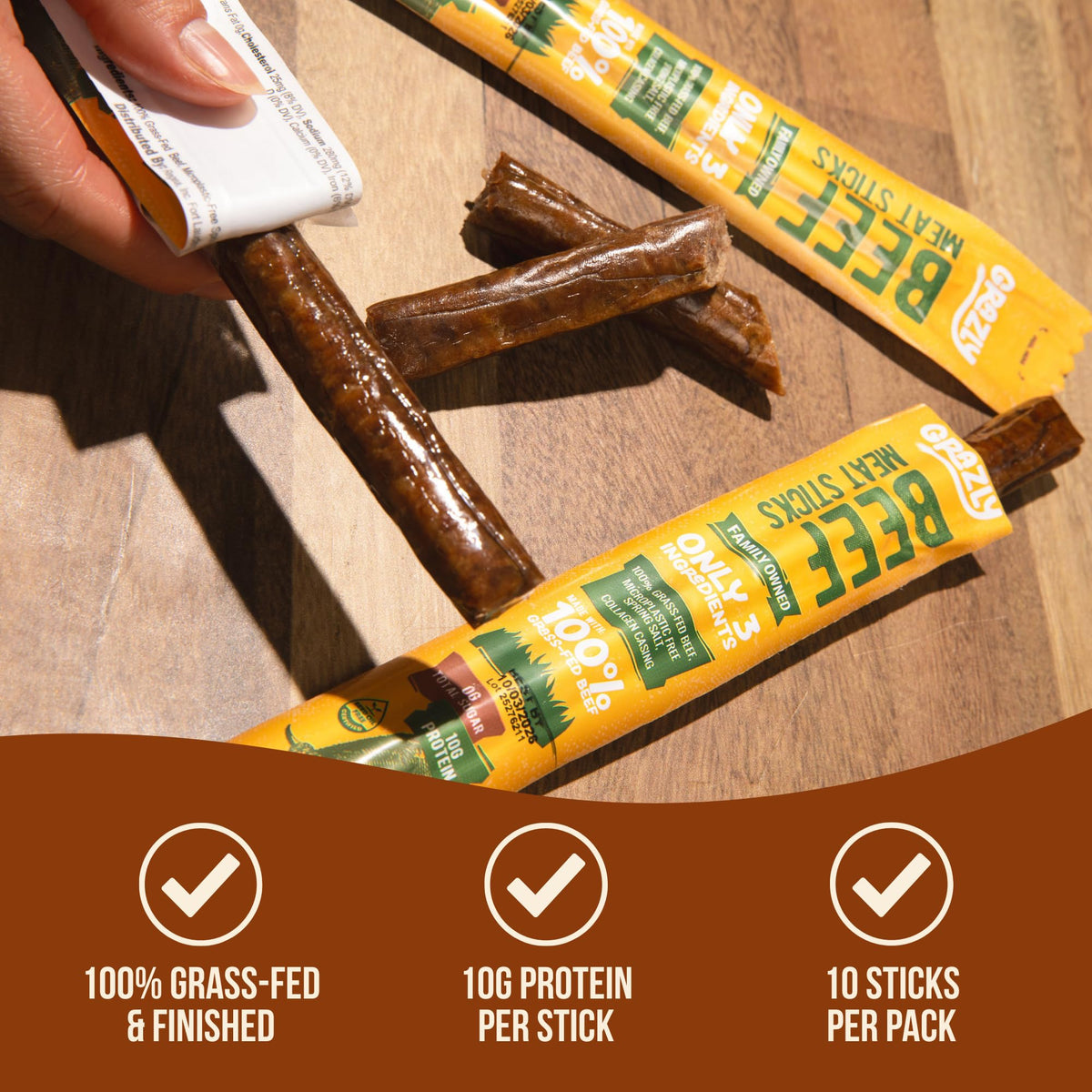 Grazly Grass-Fed Beef Sticks – 10 Pack, 1 oz Each, 10g Protein, Collagen Casing