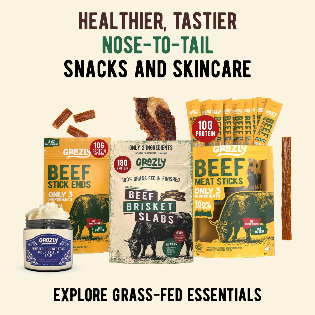 Grazly Grass-Fed Beef Sticks – 10 Pack, 1 oz Each, 10g Protein, Collagen Casing