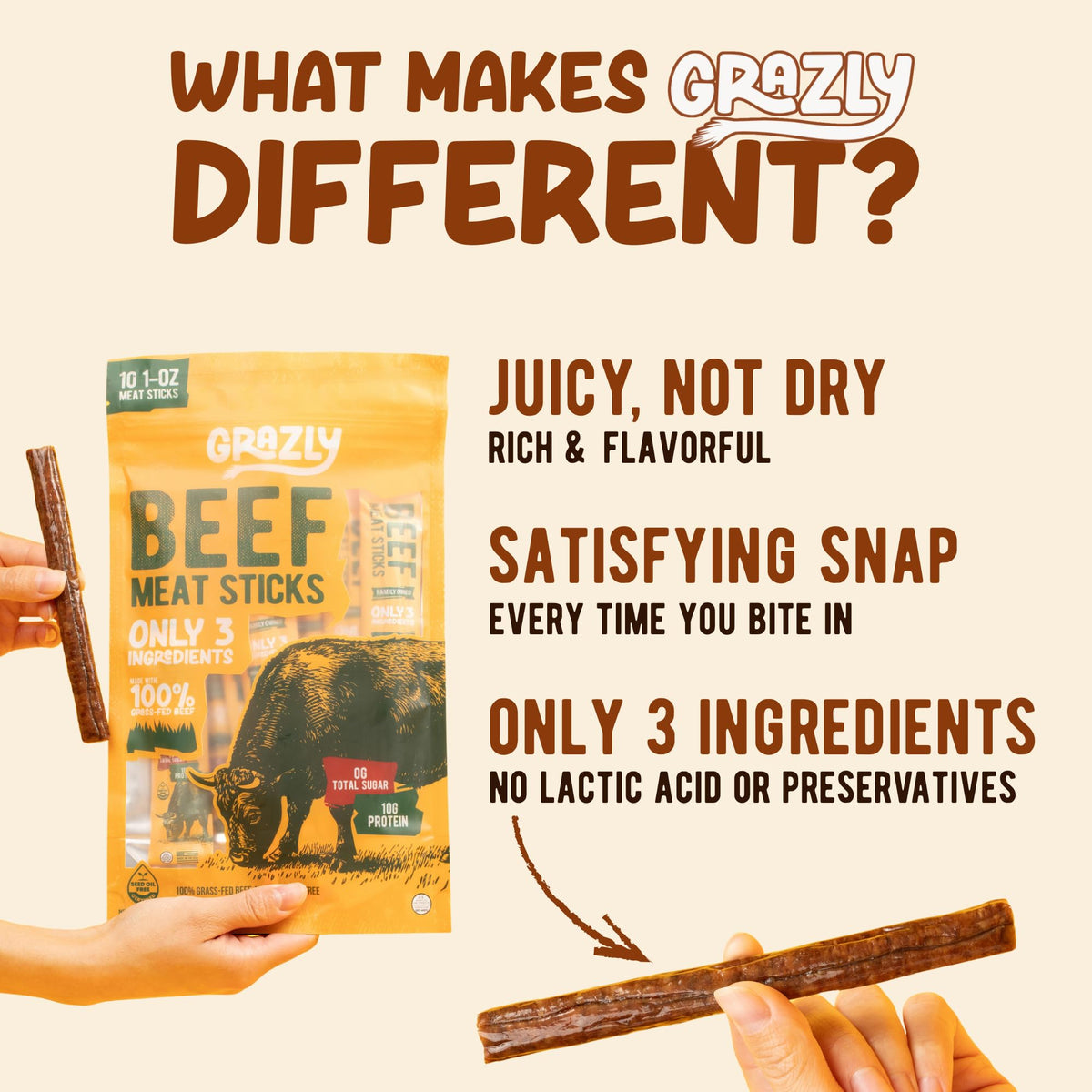 Grazly Grass-Fed Beef Sticks – 10 Pack, 1 oz Each, 10g Protein, Collagen Casing