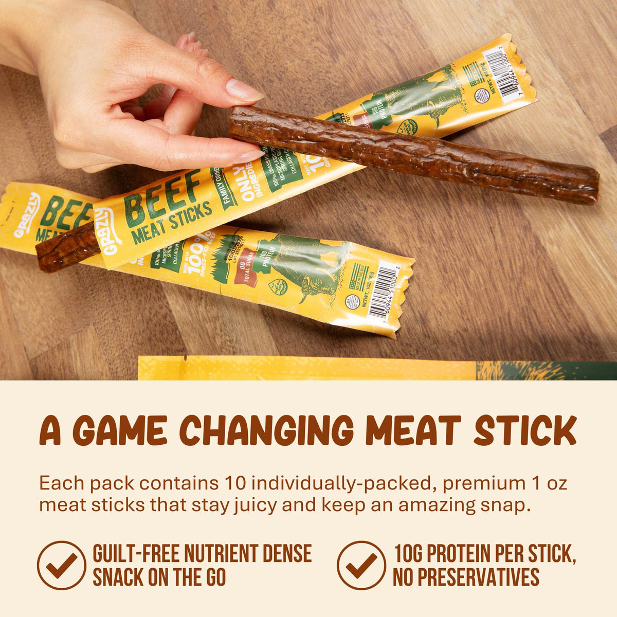 Grazly Grass-Fed Beef Sticks – 10 Pack, 1 oz Each, 10g Protein, Collagen Casing