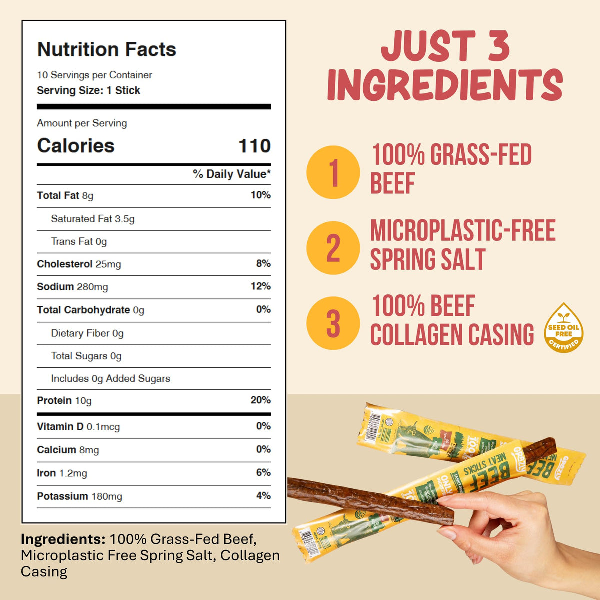Grazly Grass-Fed Beef Sticks – 10 Pack, 1 oz Each, 10g Protein, Collagen Casing