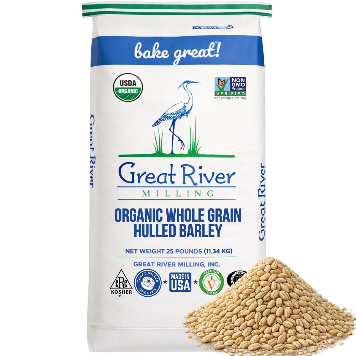 Great River Milling Organic Hulled Barley Grain — 25 lb Bulk Bag for Home Milling, Cooking & Baking