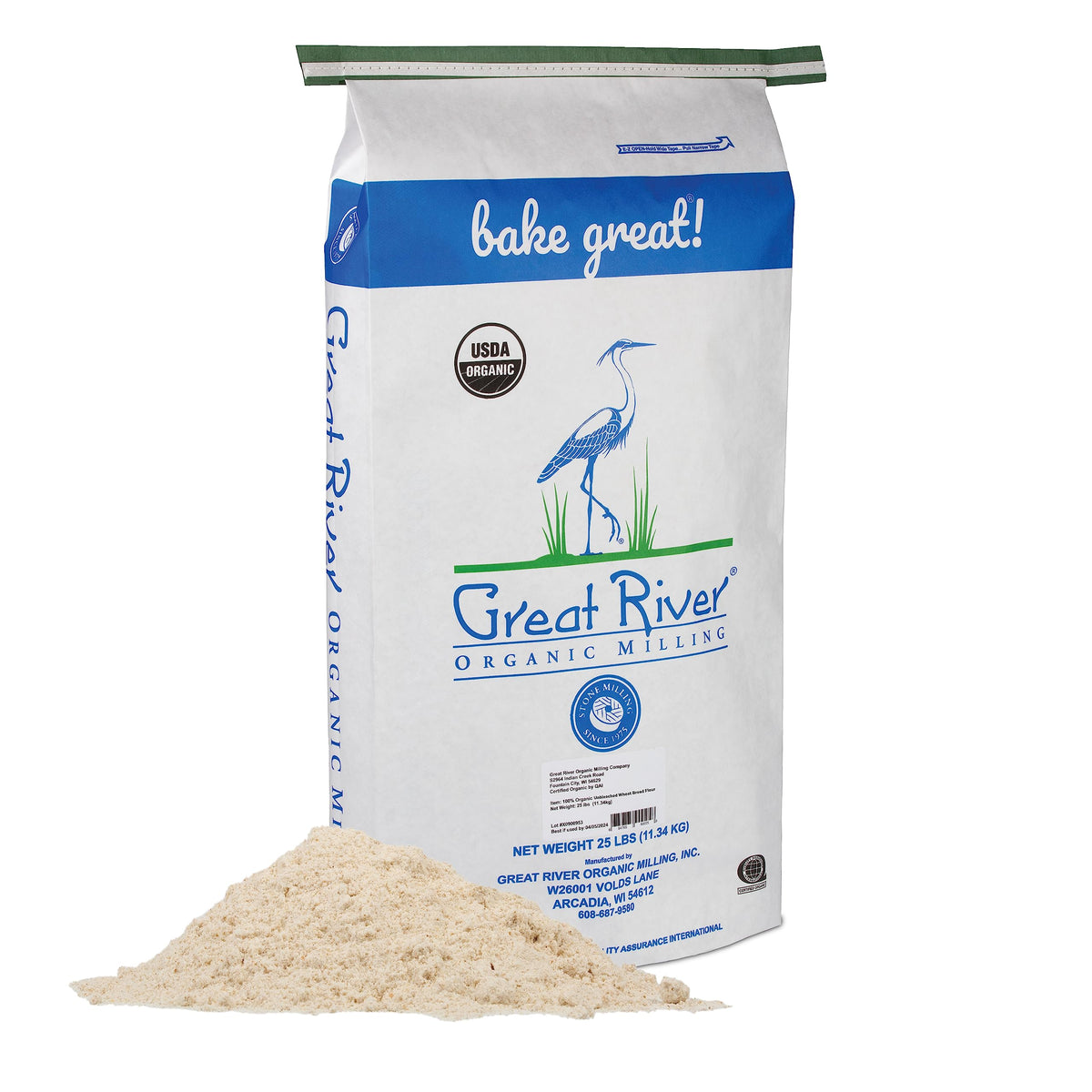 Great River Milling Organic Unbleached Wheat Bread Flour | 25 lb Bulk, Kosher, Non-GMO