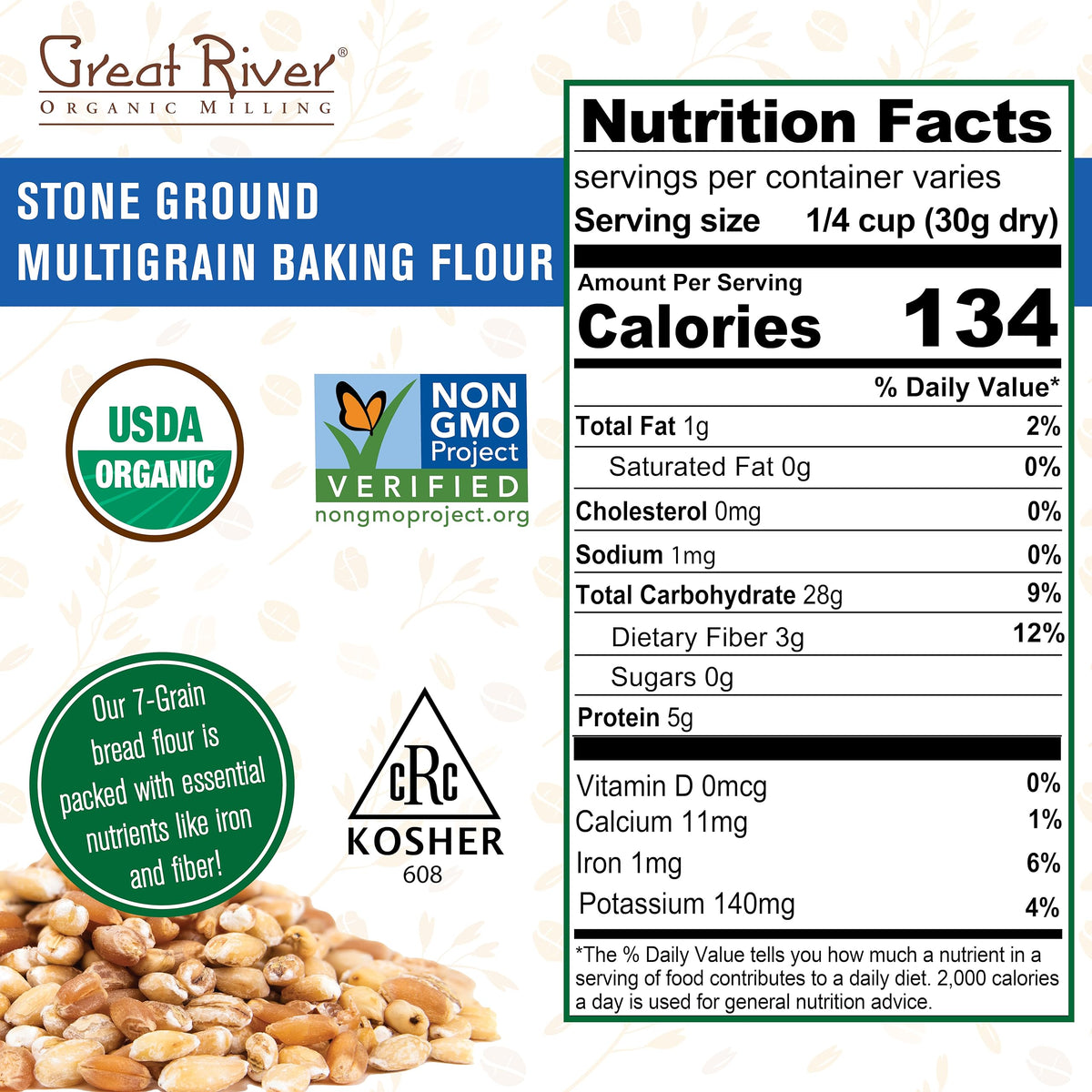 Great River Organic 7-Grain Bread Flour | Stone-Ground, Unbleached, Kosher | 25 lb
