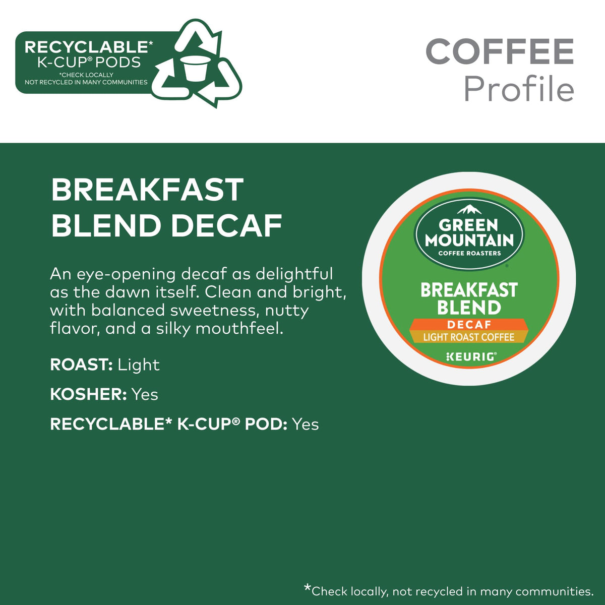 Green Mountain Coffee Roasters Breakfast Blend Decaf K-Cup Pods — Light Roast, 32-Count
