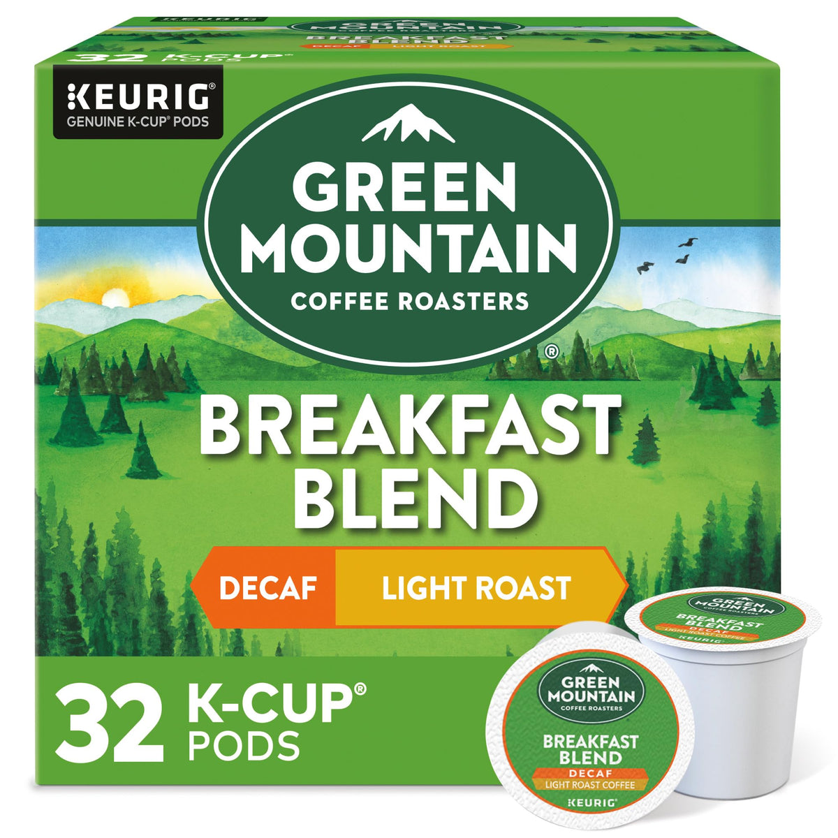 Green Mountain Coffee Roasters Breakfast Blend Decaf K-Cup Pods — Light Roast, 32-Count