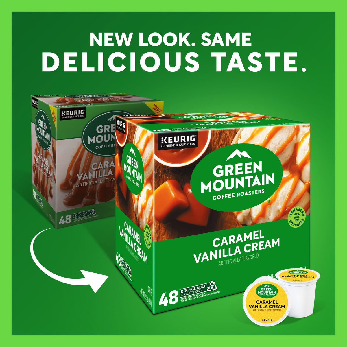 Green Mountain Coffee Roasters Caramel Vanilla Cream K-Cups — Flavored Light Roast, 48 Count