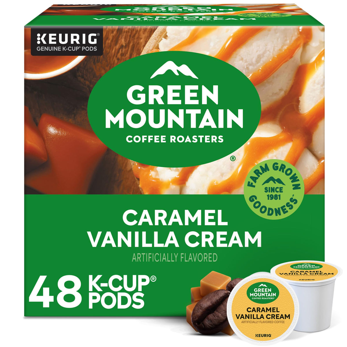 Green Mountain Coffee Roasters Caramel Vanilla Cream K-Cups — Flavored Light Roast, 48 Count