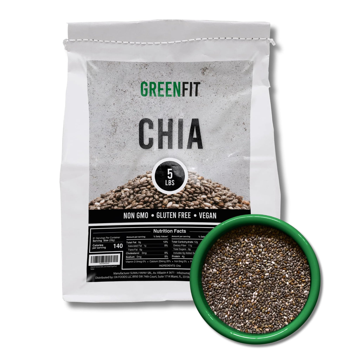 Greenfit Premium Bulk Chia (5Lbs) | A+ Grade, Non-GMO, Gluten-Free, Vegan