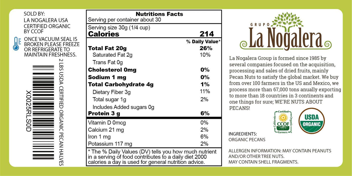 La Nogalera Organic Pecan Halves 2 lb — USDA & CCOF Certified, Non-GMO, Keto Friendly
