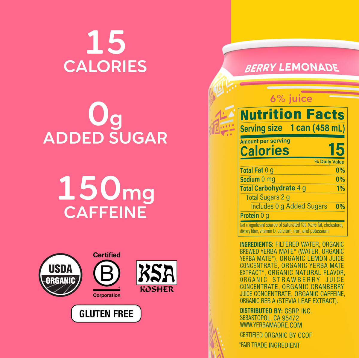 Guayaki Yerba Madre Berry Lemonade Yerba Mate – Low Sugar, 150 mg Caffeine, 12-Pack