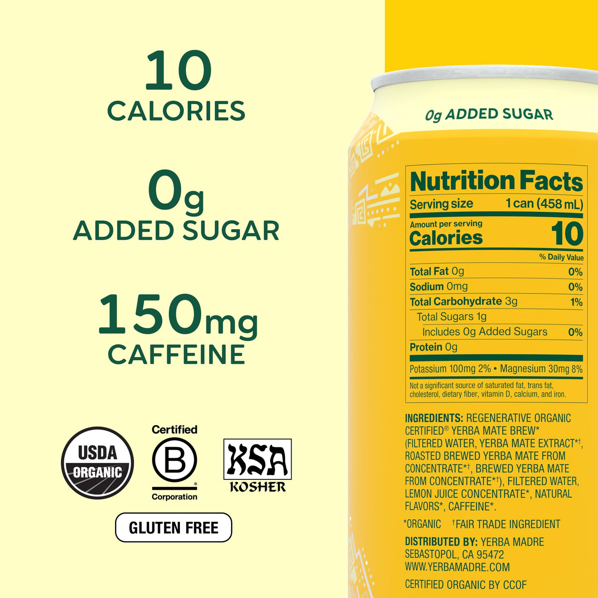 Guayaki Yerba Madre Organic Yerba Mate — Smooth Energy, 150mg Caffeine, Unsweetened Original (15.5oz, Pack of 12)