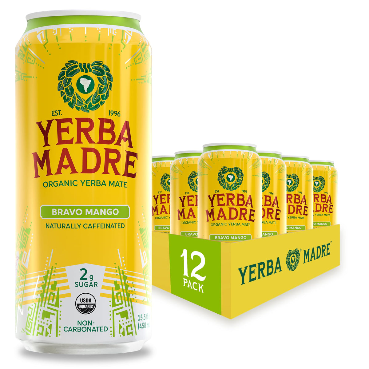 Guayaki Yerba Madre Organic Yerba Mate – Bravo Mango, Low Sugar, 150mg Natural Caffeine, Pack of 12