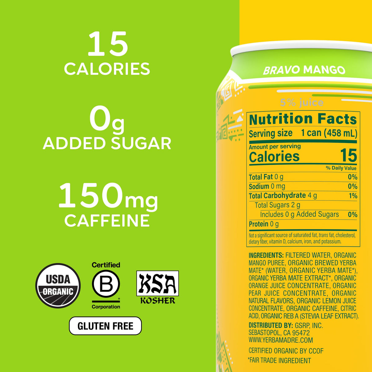 Guayaki Yerba Madre Organic Yerba Mate – Bravo Mango, Low Sugar, 150mg Natural Caffeine, Pack of 12