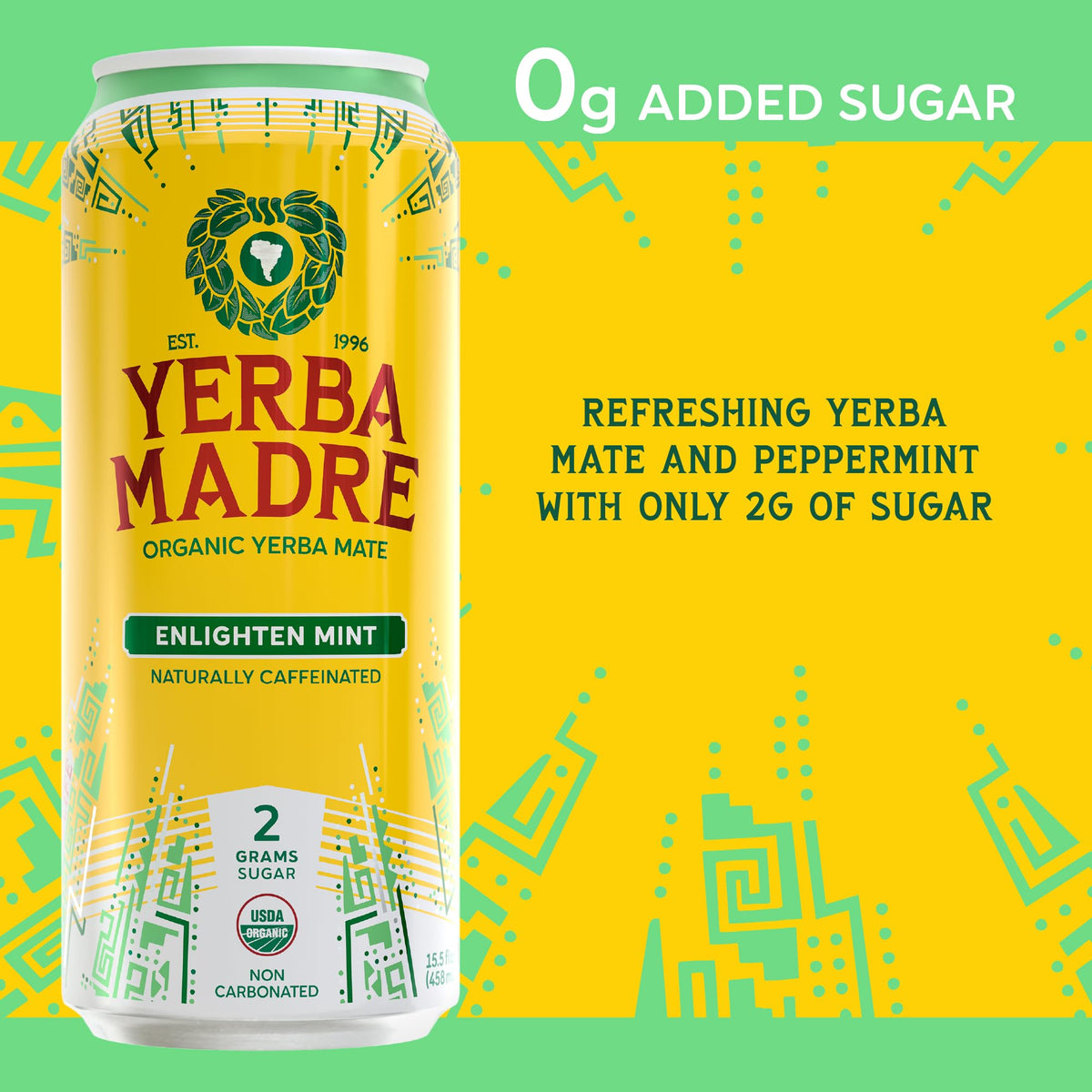 Guayaki Yerba Madre Organic Yerba Mate — Enlighten Mint, Lower Sugar, 150mg Caffeine, 12-Pack