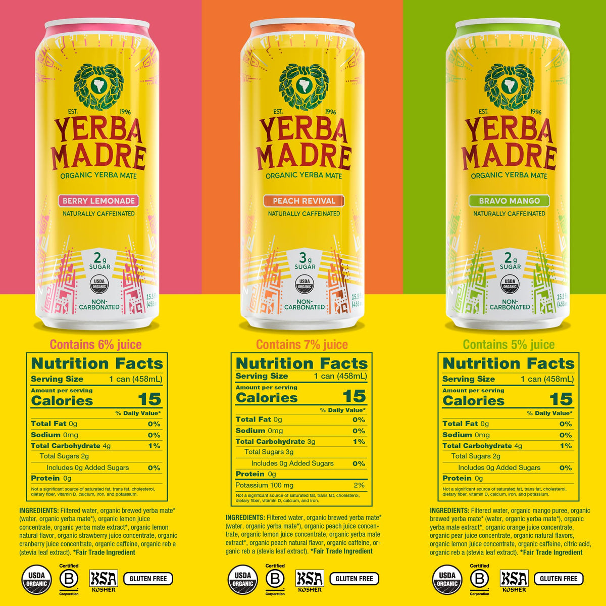 Guayaki Yerba Madre Organic Yerba Mate — Lower-Sugar Pack, 150mg Caffeine, 12 x 15.5oz Cans