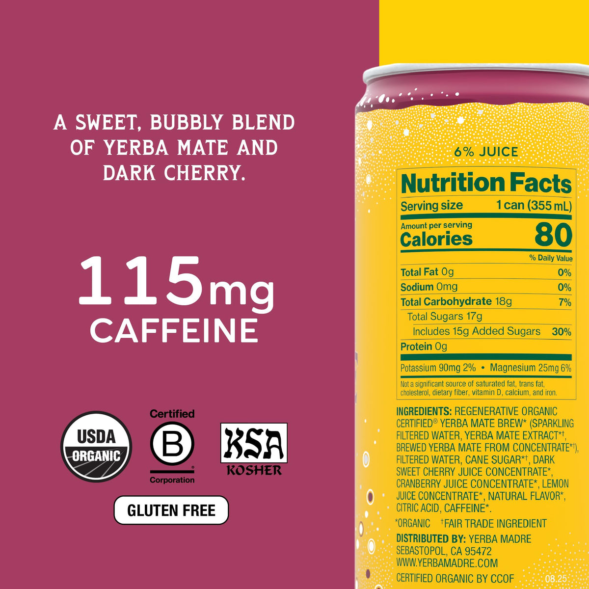 Guayaki Yerba Madre Organic Sparkling Yerba Mate Cherry Berry – 12 Pack, 115 mg Caffeine