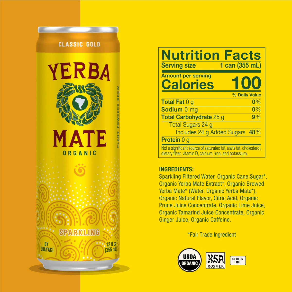 Guayaki Yerba Madre Classic Gold Sparkling Yerba Mate – 80 mg Caffeine, 12-Pack