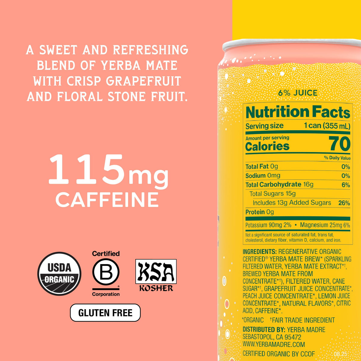 Guayaki Yerba Madre Organic Sparkling Yerba Mate — Pink Grapefruit, 115 mg Caffeine | 12oz Pack