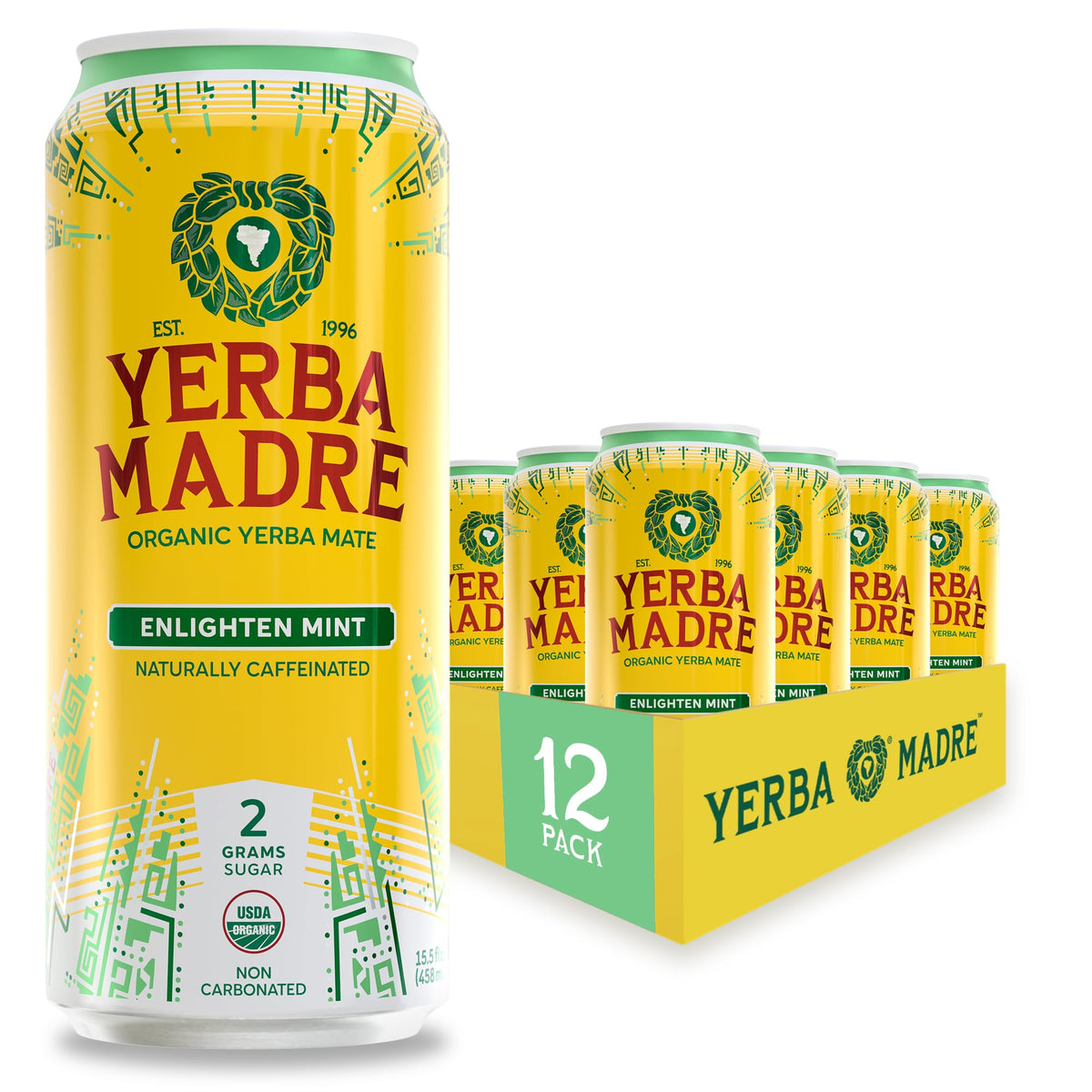 Guayaki Yerba Madre Organic Yerba Mate — Enlighten Mint, Lower Sugar, 150mg Caffeine, 12-Pack