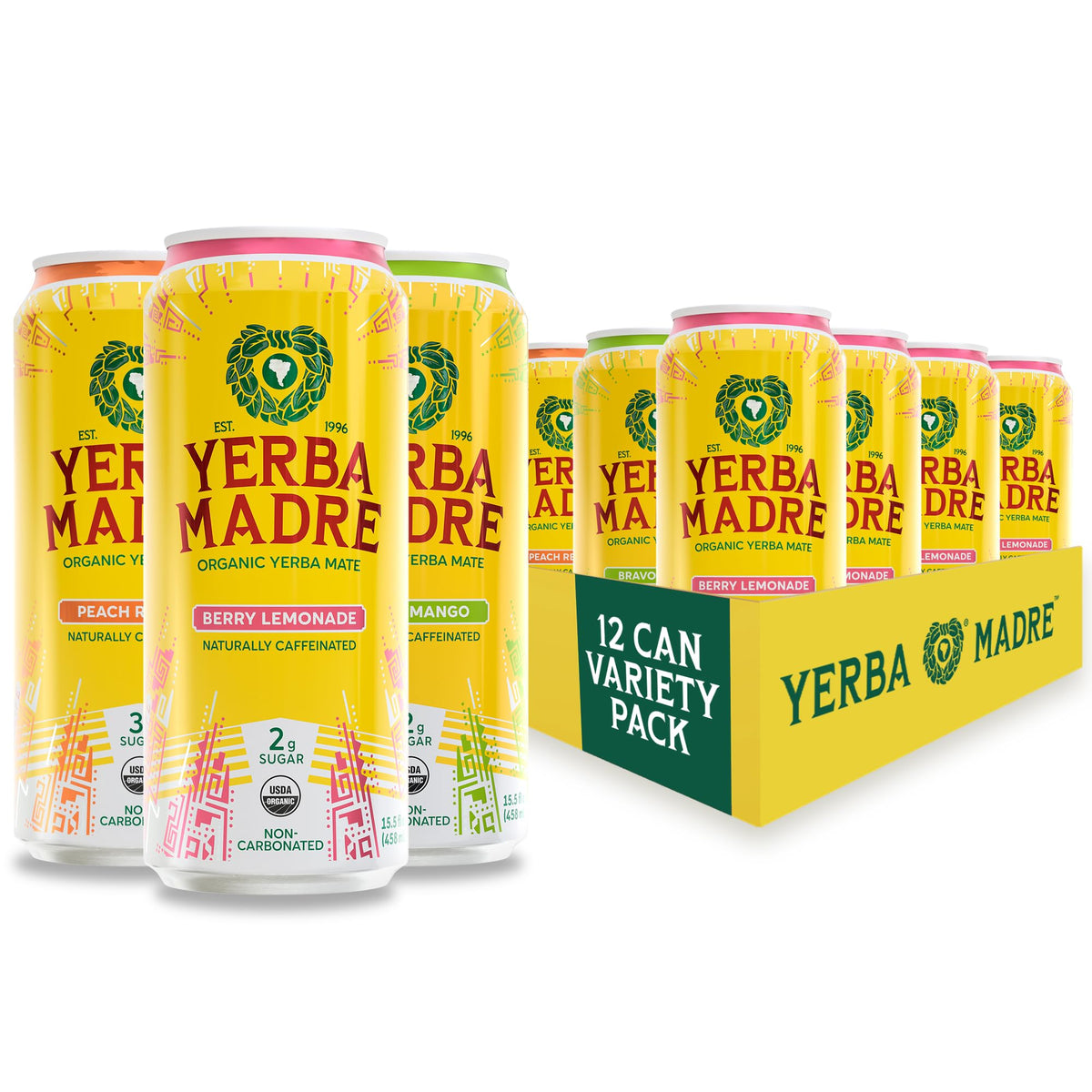 Guayaki Yerba Madre Organic Yerba Mate — Lower-Sugar Pack, 150mg Caffeine, 12 x 15.5oz Cans