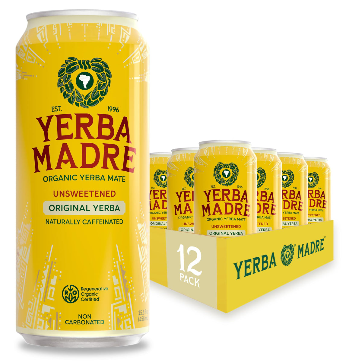 Guayaki Yerba Madre Organic Yerba Mate — Smooth Energy, 150mg Caffeine, Unsweetened Original (15.5oz, Pack of 12)