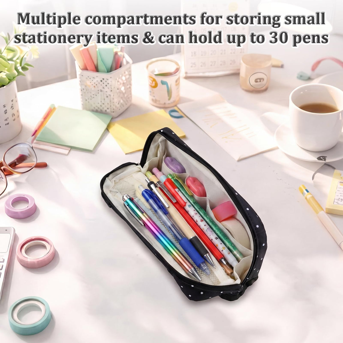 Gueevin Large Capacity Pencil Case Polka Dot Pencil Case Black and White Pen Pouch with Multiple Compartments Foldable Portable Stationery Organizer Makeup Bag for Adults(Black)