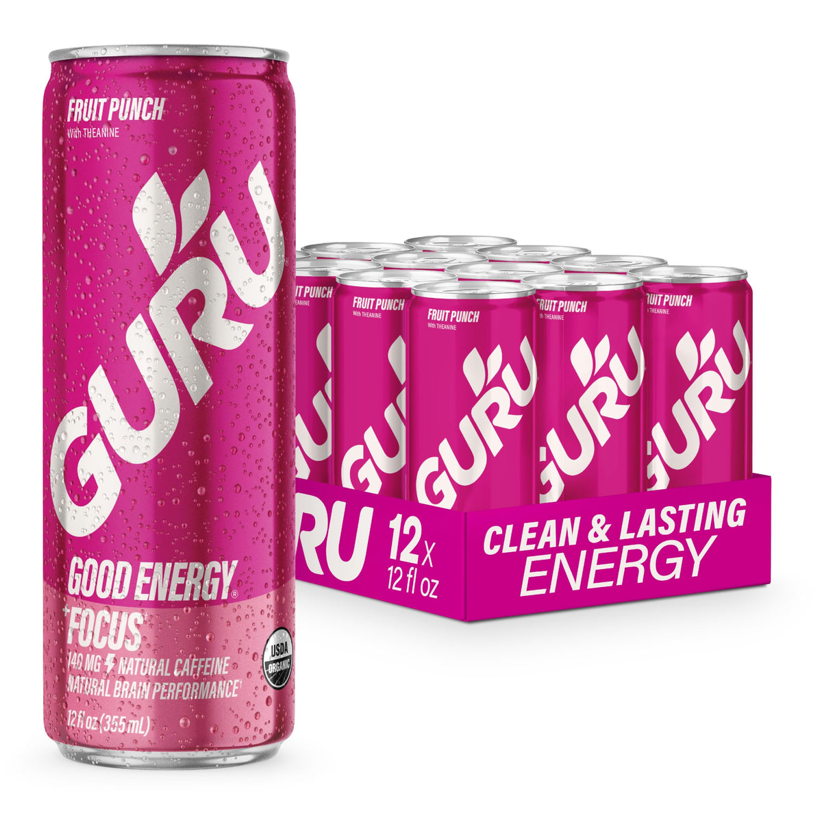 GURU Fruit Punch Organic Energy Drinks — 140 mg Natural Caffeine from Green Tea, Plant-Based, Vegan, Gluten-Free (12 Pack)