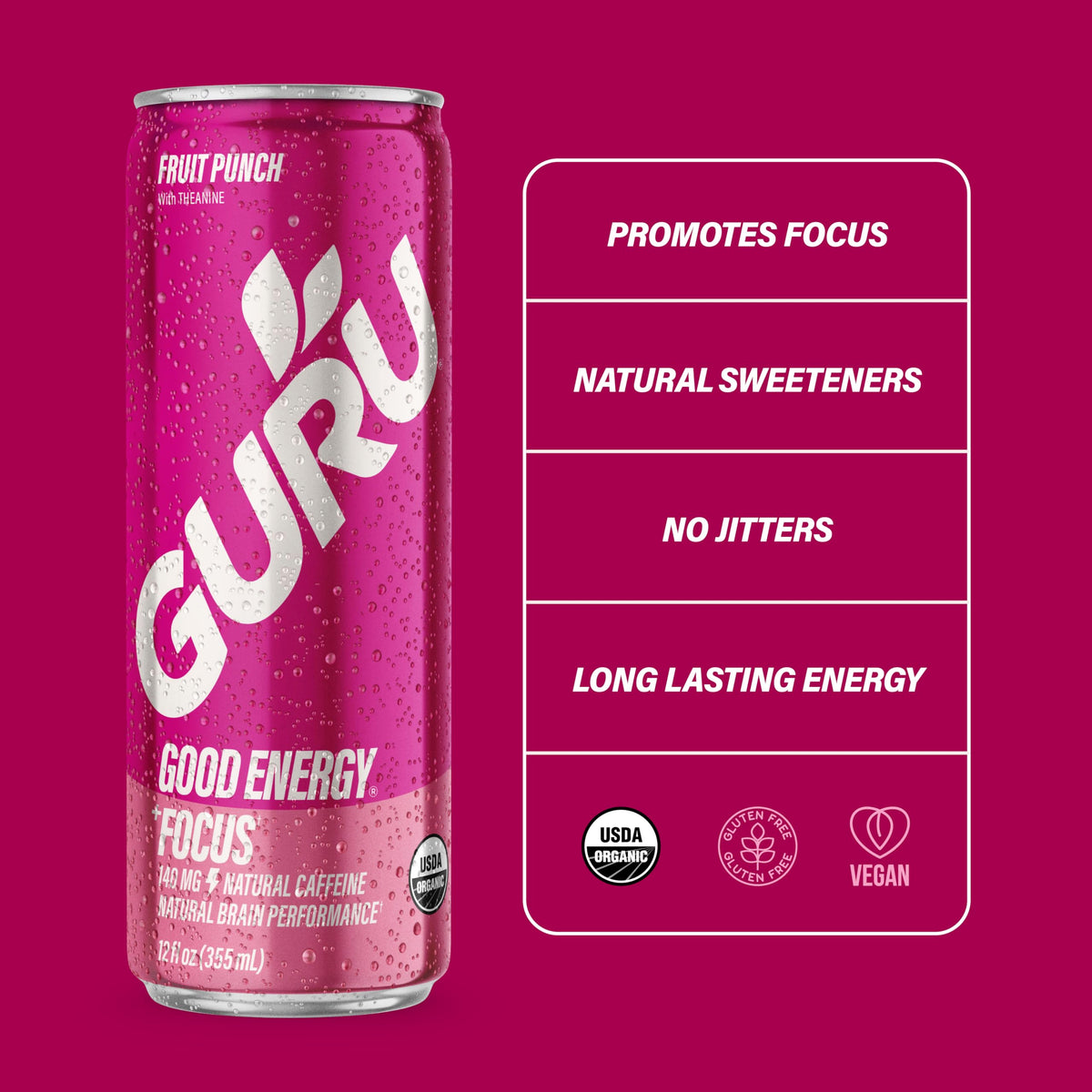GURU Fruit Punch Organic Energy Drinks — 140 mg Natural Caffeine from Green Tea, Plant-Based, Vegan, Gluten-Free (12 Pack)