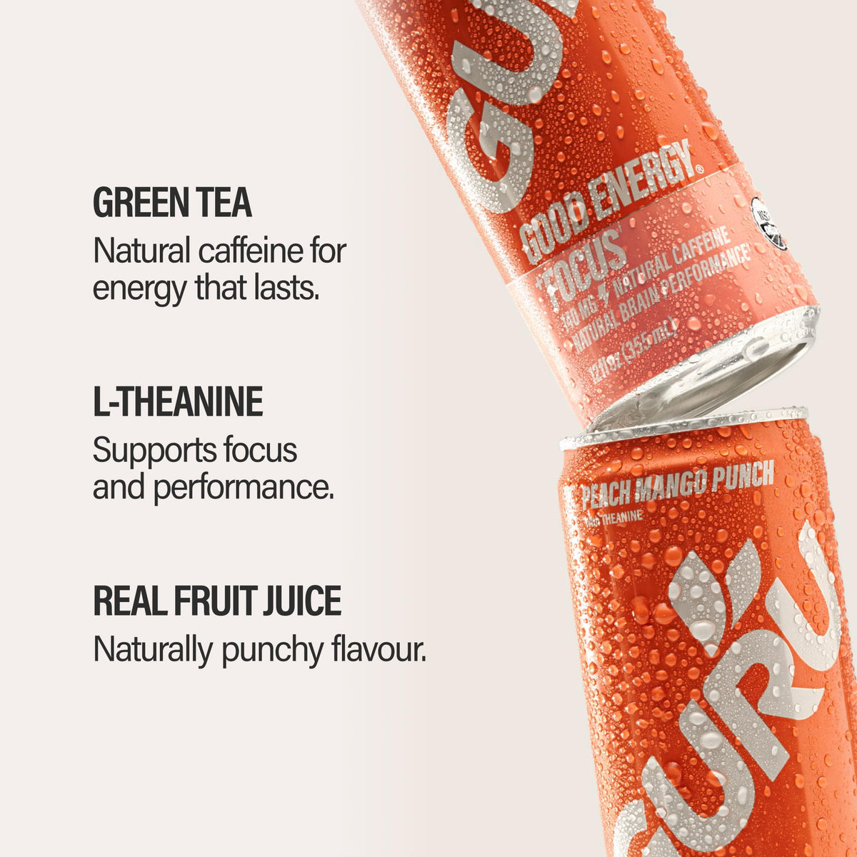 GURU Peach Mango Punch Organic Energy Drink – 140 mg Caffeine, Green Tea + L-Theanine | 12x12oz Pack