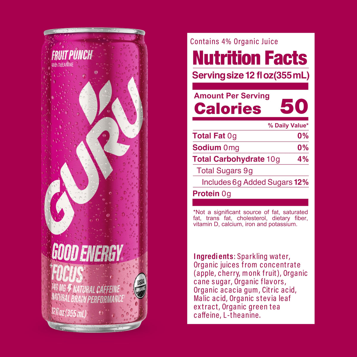GURU Fruit Punch Organic Energy Drinks — 140 mg Natural Caffeine from Green Tea, Plant-Based, Vegan, Gluten-Free (12 Pack)