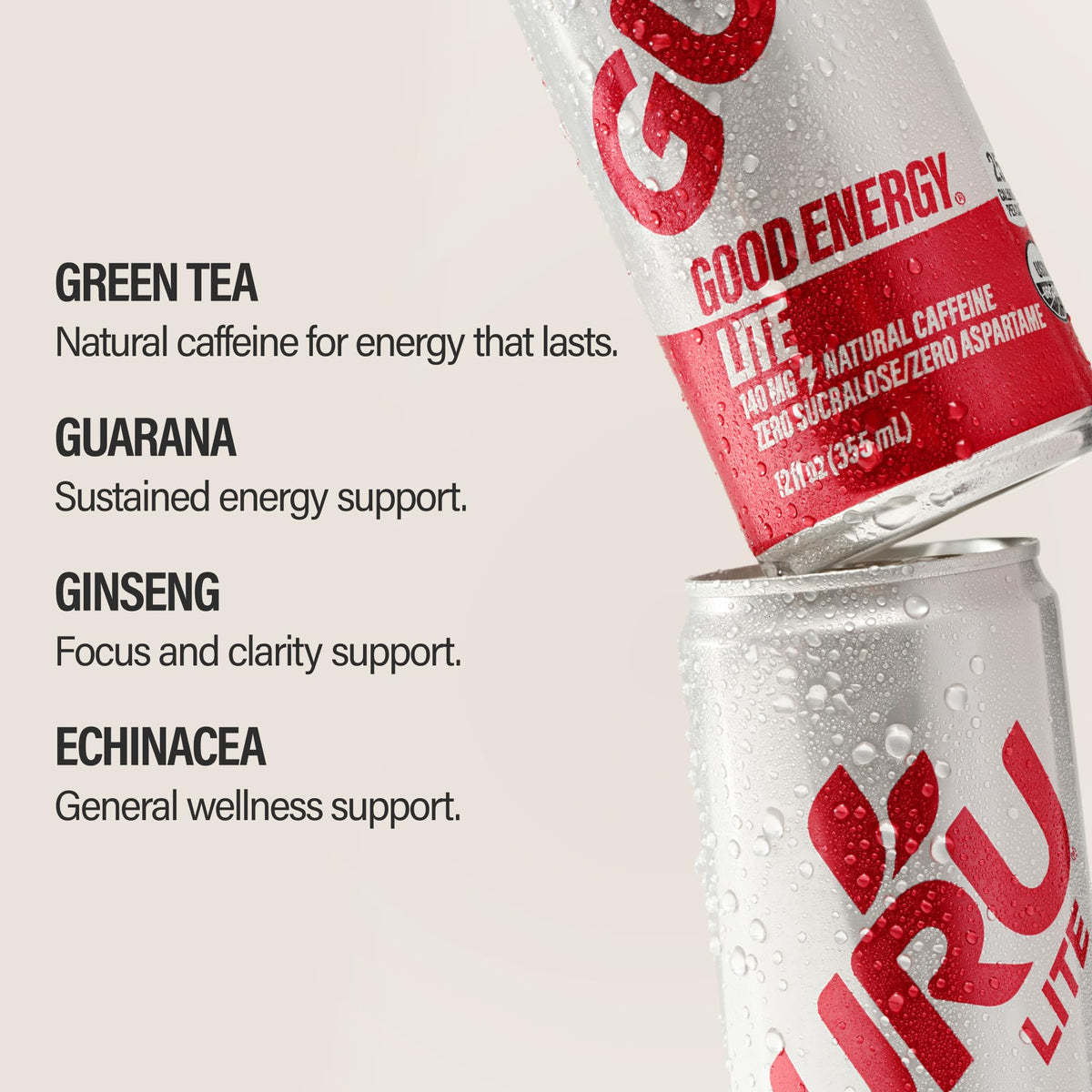 GURU Lite Organic Energy Drink – 140 mg Caffeine, Plant-Based, Low Calorie, Pack of 12