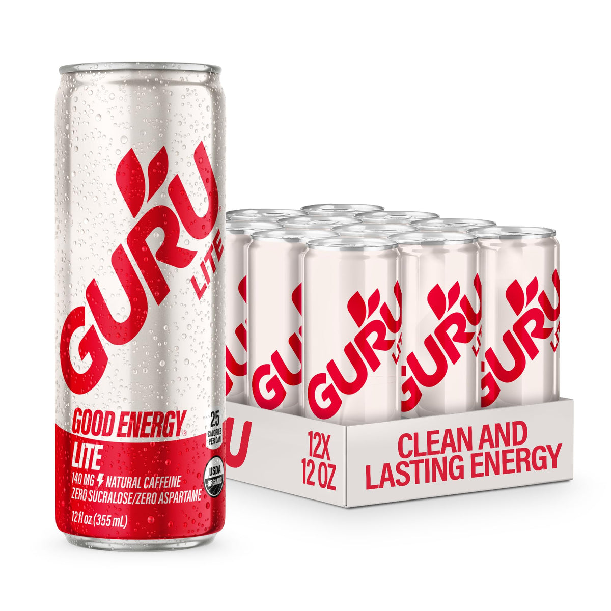 GURU Lite Organic Energy Drink – 140 mg Caffeine, Plant-Based, Low Calorie, Pack of 12