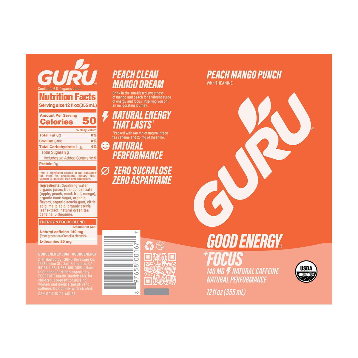GURU Peach Mango Punch Organic Energy Drink – 140 mg Caffeine, Green Tea + L-Theanine | 12x12oz Pack