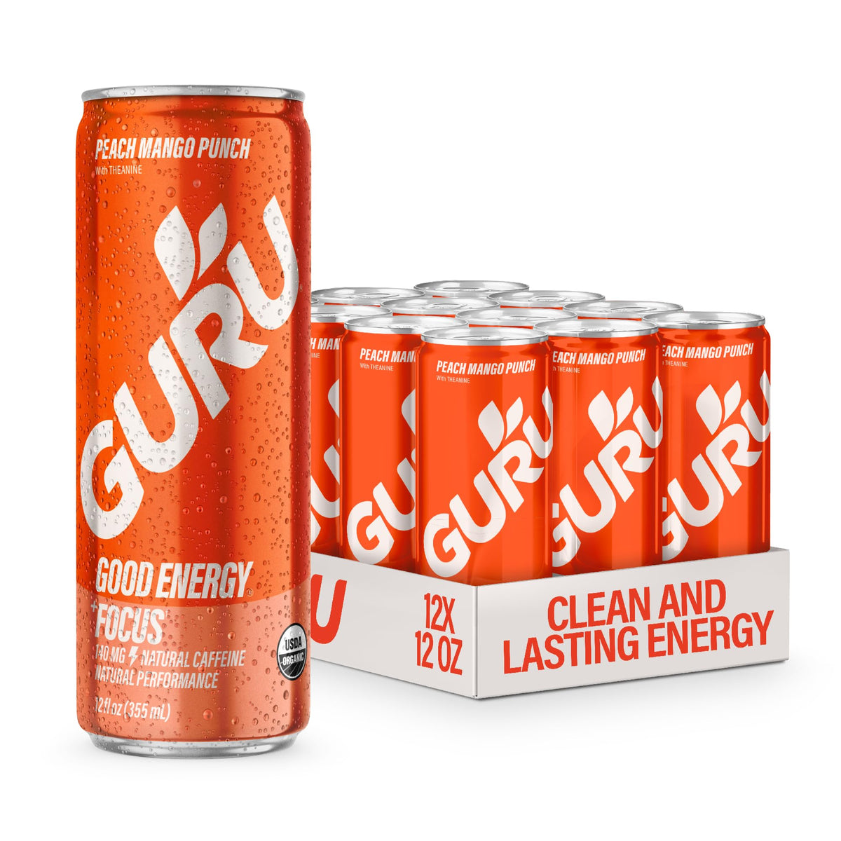 GURU Peach Mango Punch Organic Energy Drink – 140 mg Caffeine, Green Tea + L-Theanine | 12x12oz Pack