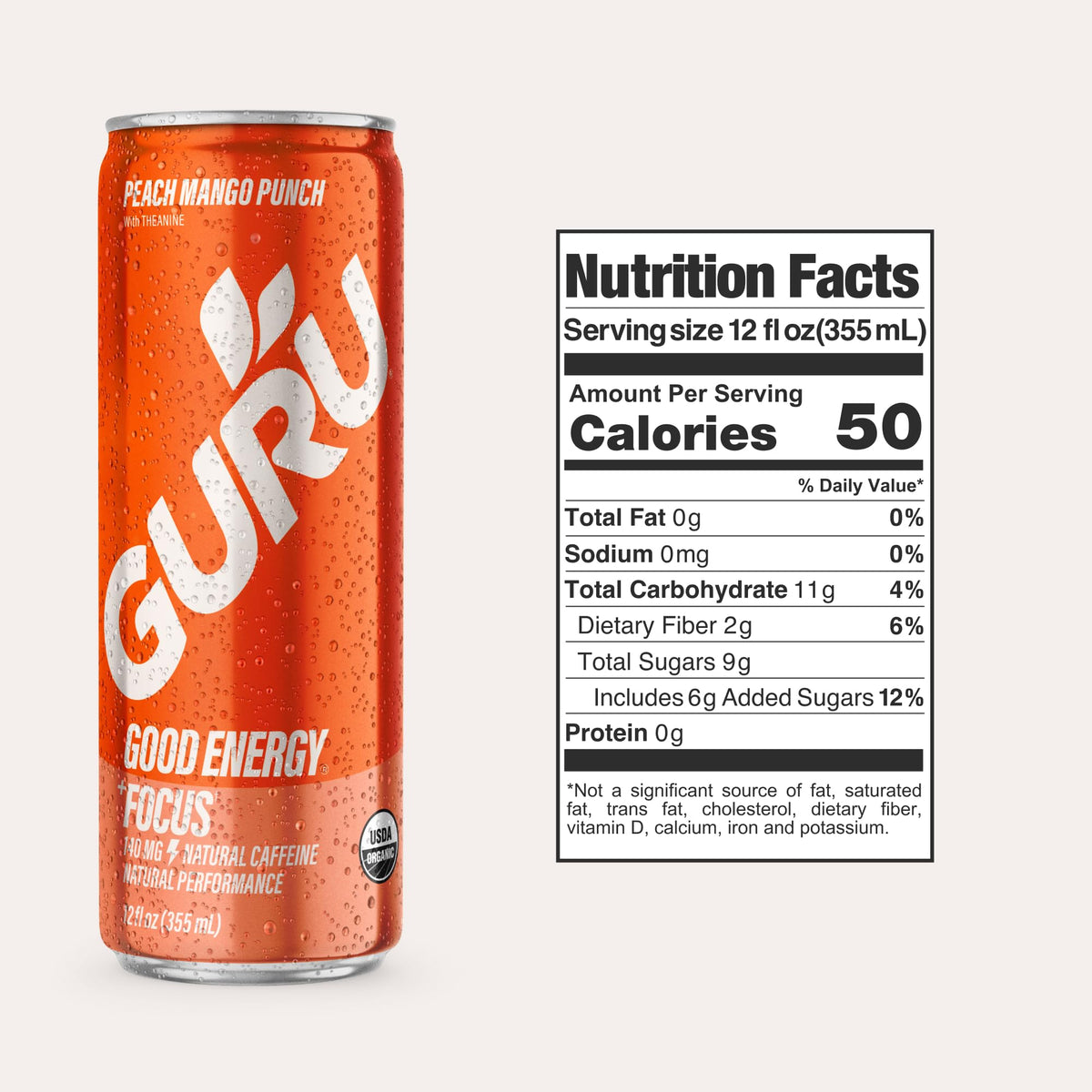 GURU Peach Mango Punch Organic Energy Drink – 140 mg Caffeine, Green Tea + L-Theanine | 12x12oz Pack