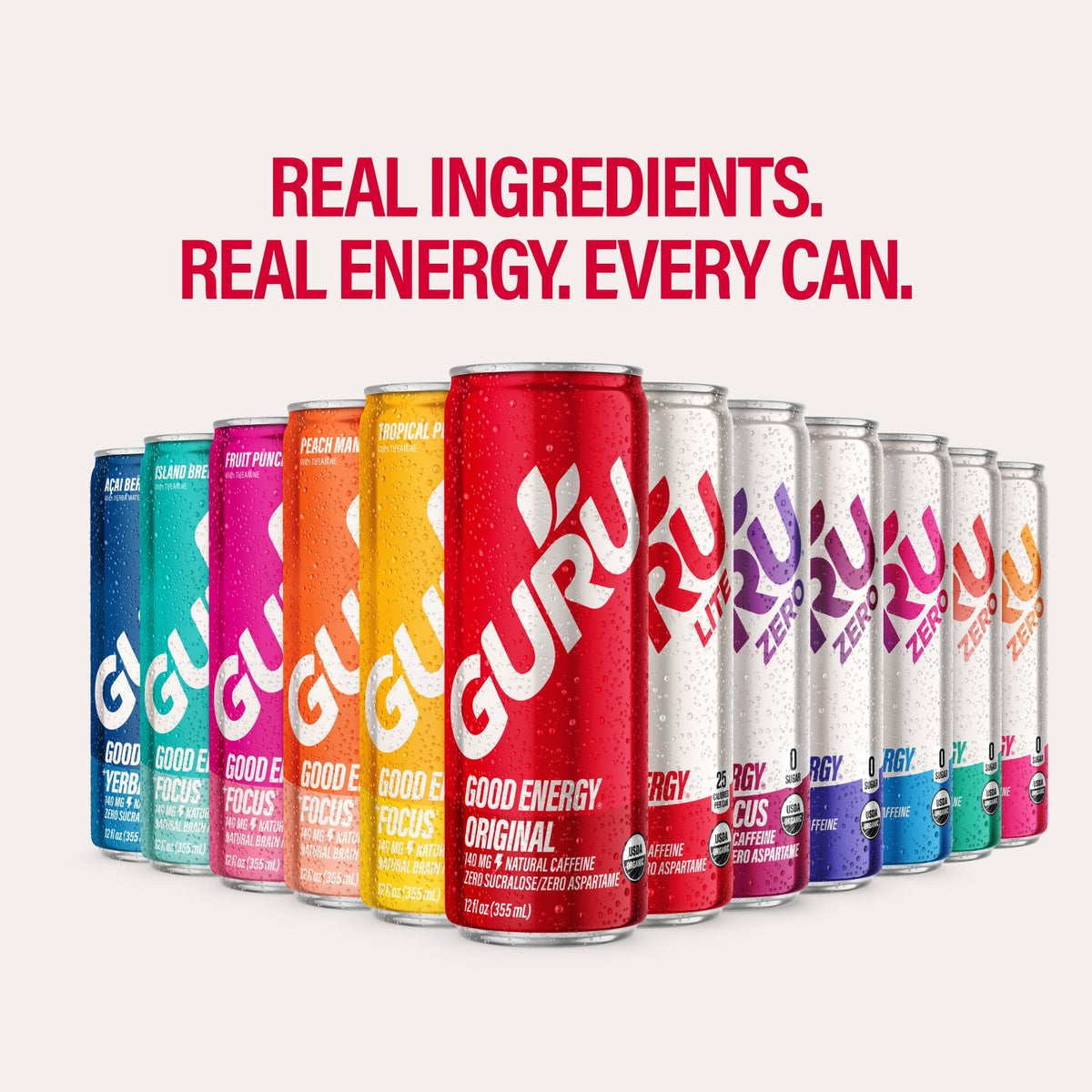 GURU PUNCH Organic Energy Drinks Variety Pack — 140mg Caffeine, Plant Based, 12oz Cans (Pack of 12)