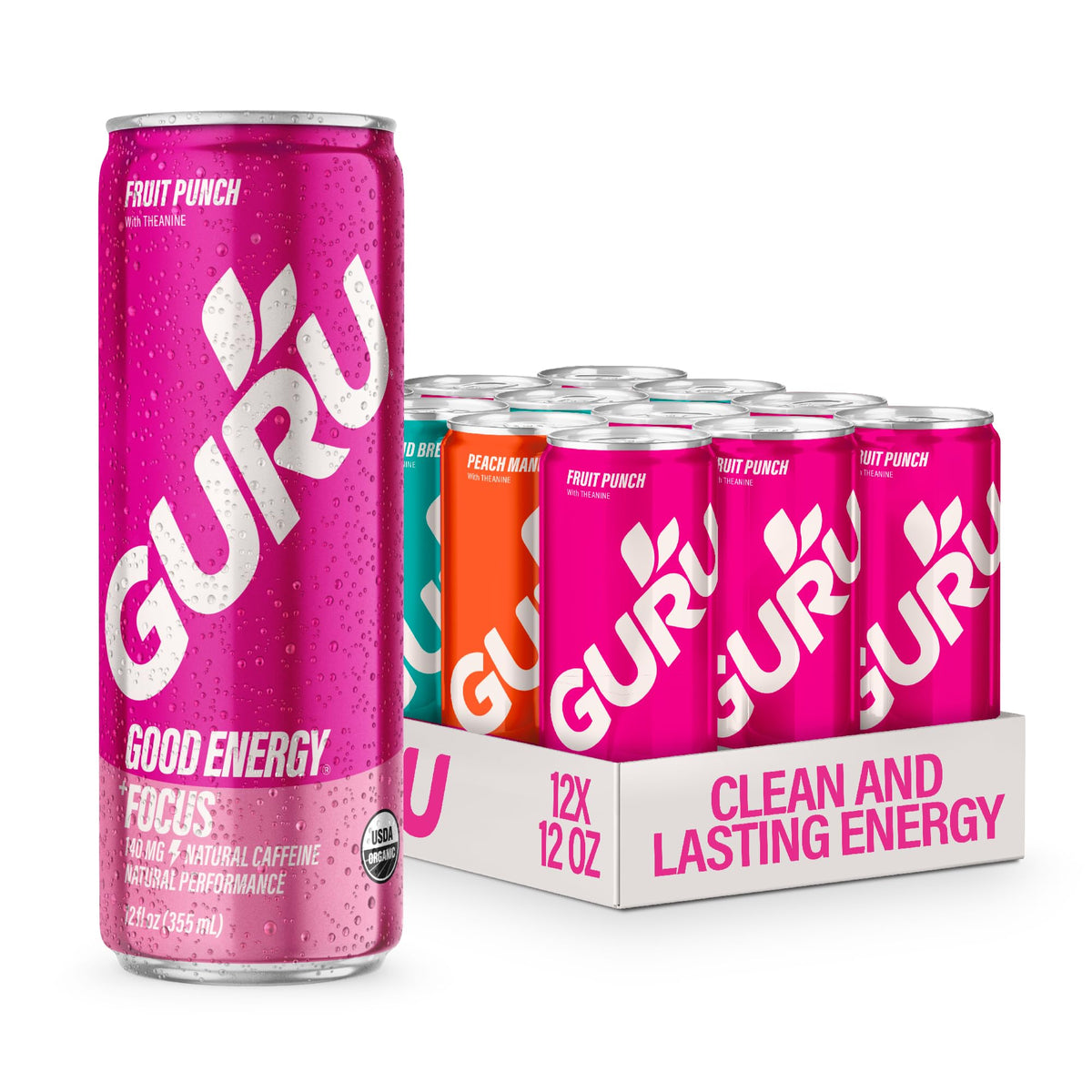 GURU PUNCH Organic Energy Drinks Variety Pack — 140mg Caffeine, Plant Based, 12oz Cans (Pack of 12)