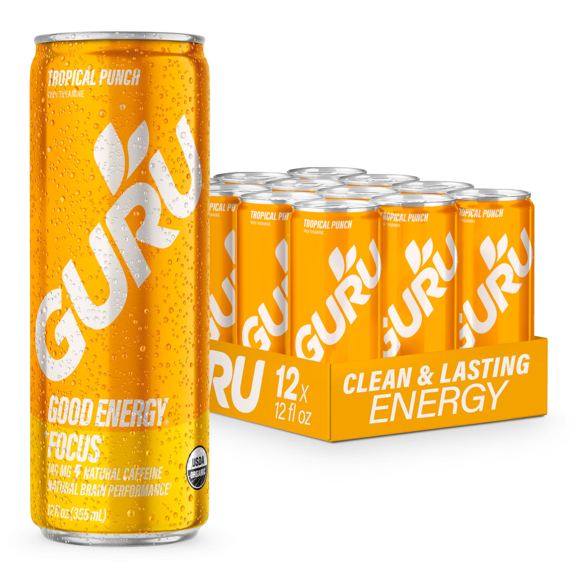 GURU Tropical Punch Organic Energy Drink – 140 mg Caffeine, Plant-Based, Gluten Free (12-Pack)